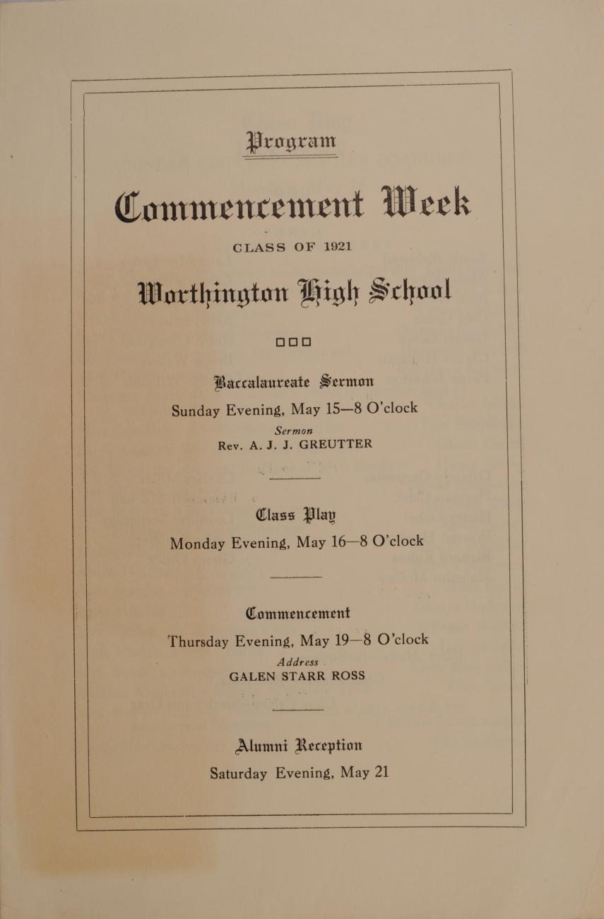 Program for Worthington High School Commencement Week for Class of 1921