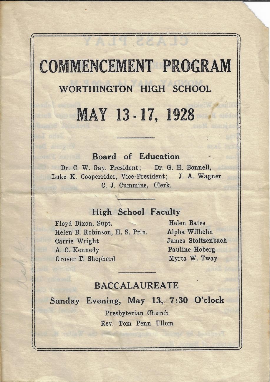 Program for Worthington High School Commencement, 1928