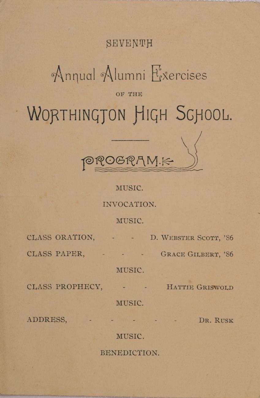 Program for Worthington High School Seventh Annual Alumni Exercises, 1886