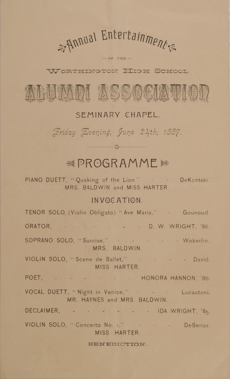 Program for the Worthington High School Alumni Association Entertainment, 1887