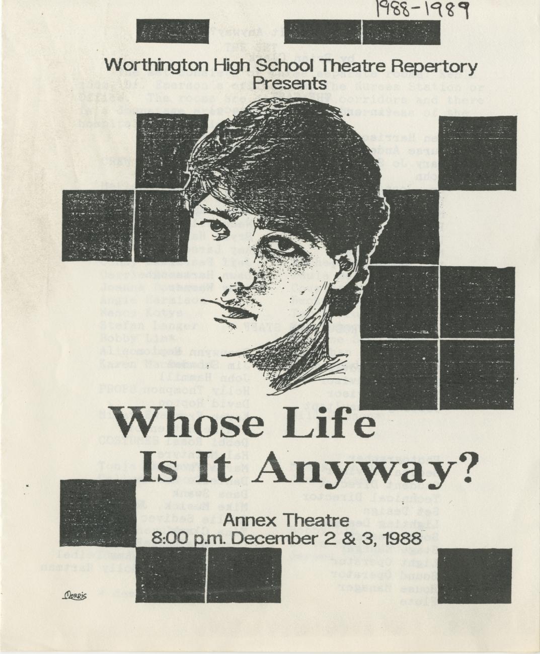 Program for the Worthington High School Production of "Whose Life is it Anyway"