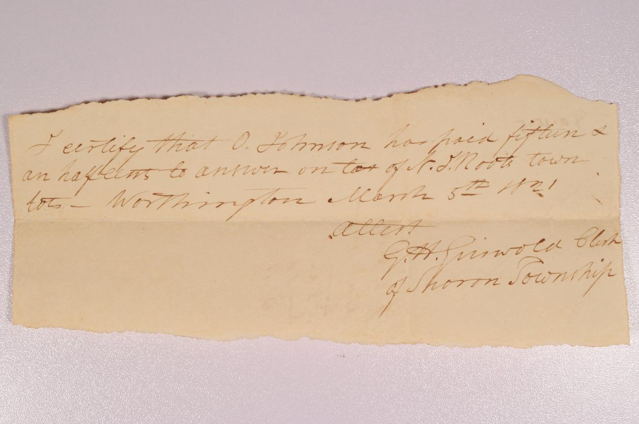 Receipt Signed by G.H. Griswold for Taxes Paid for by Orange Johnson for Nathaniel Root's Town Lots