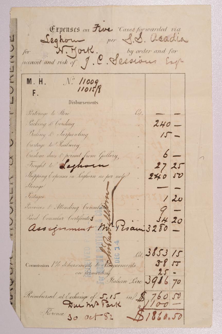 Receipt for Five Cases of Art Shipped from Italy Via S.S. Acadia, Purchased by Francis Sessions