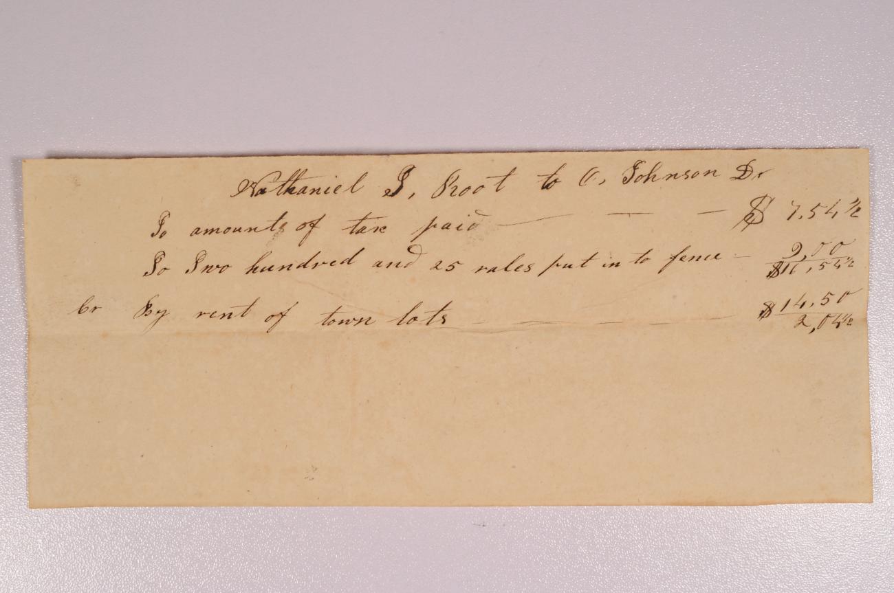 Receipt from Nathaniel Root to Orange Johnson for Taxes, Fence Rails, and Town Lot Rental