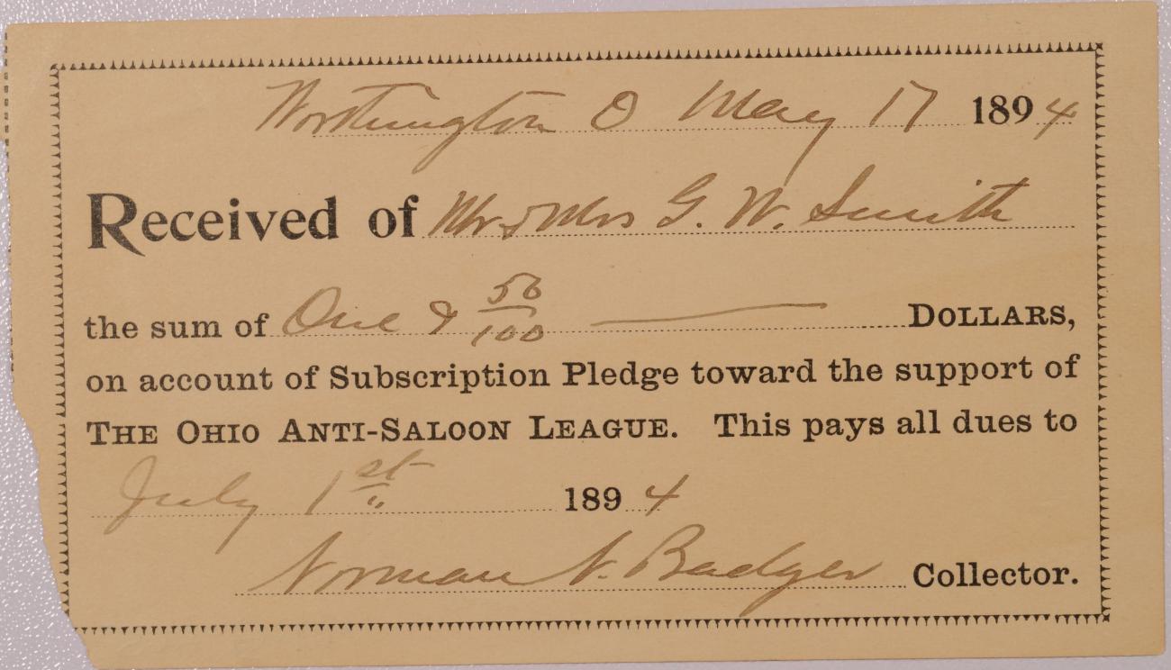 Receipt from Ohio Anti-Saloon League Pledge