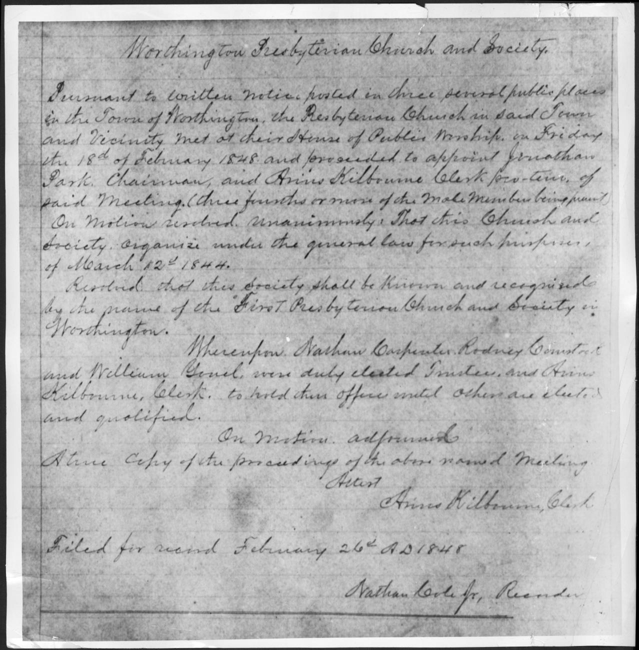 Reorganization of Worthington Presbyterian Church and Society