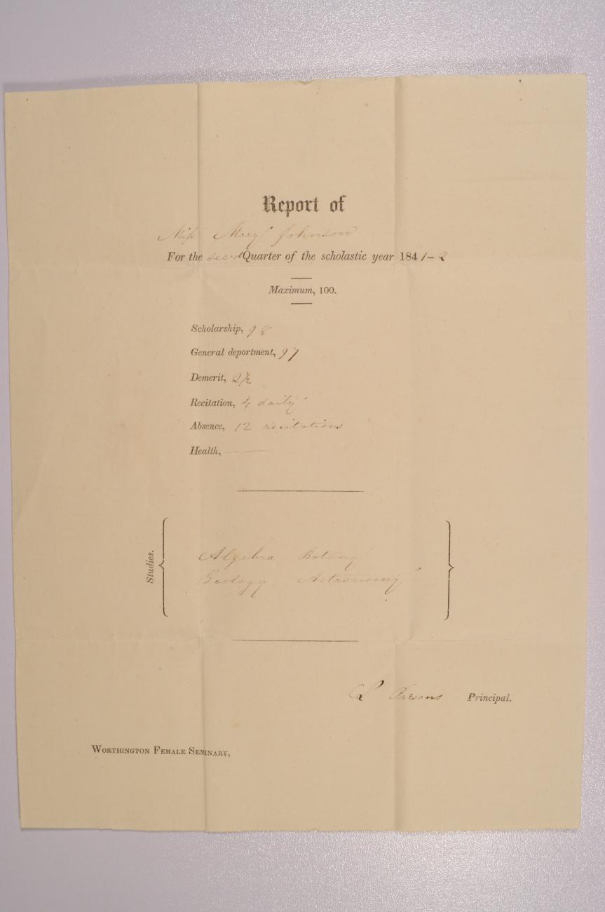 Report Card for Mary Johnson Sent to Orange Johnson from the Worthington Female Seminary, Second Quarter 1841-1842