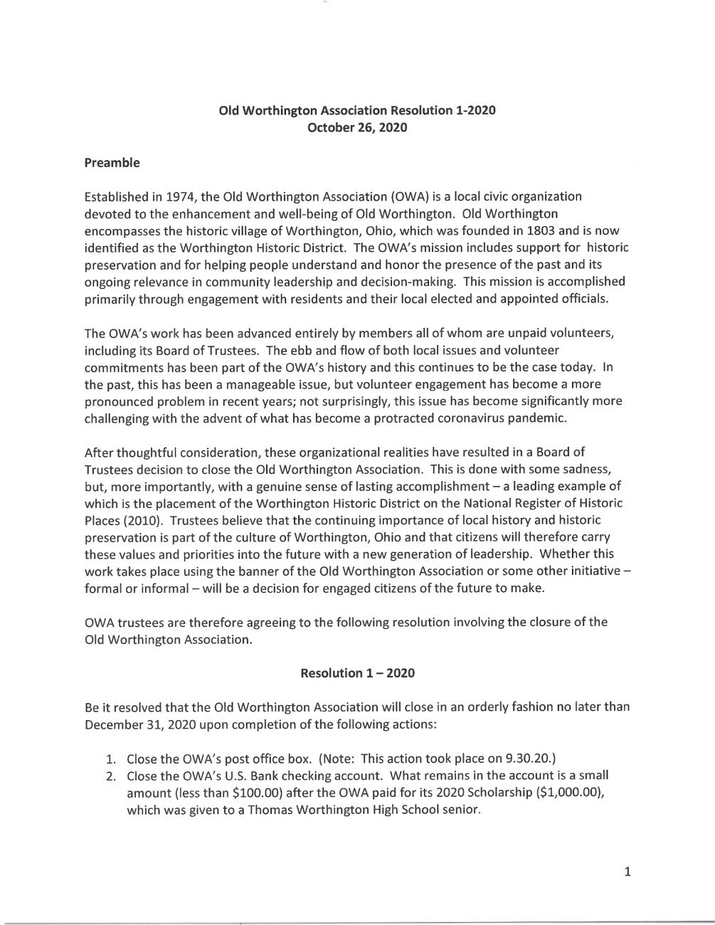 Resolution Announcing the Closure of the Old Worthington Association