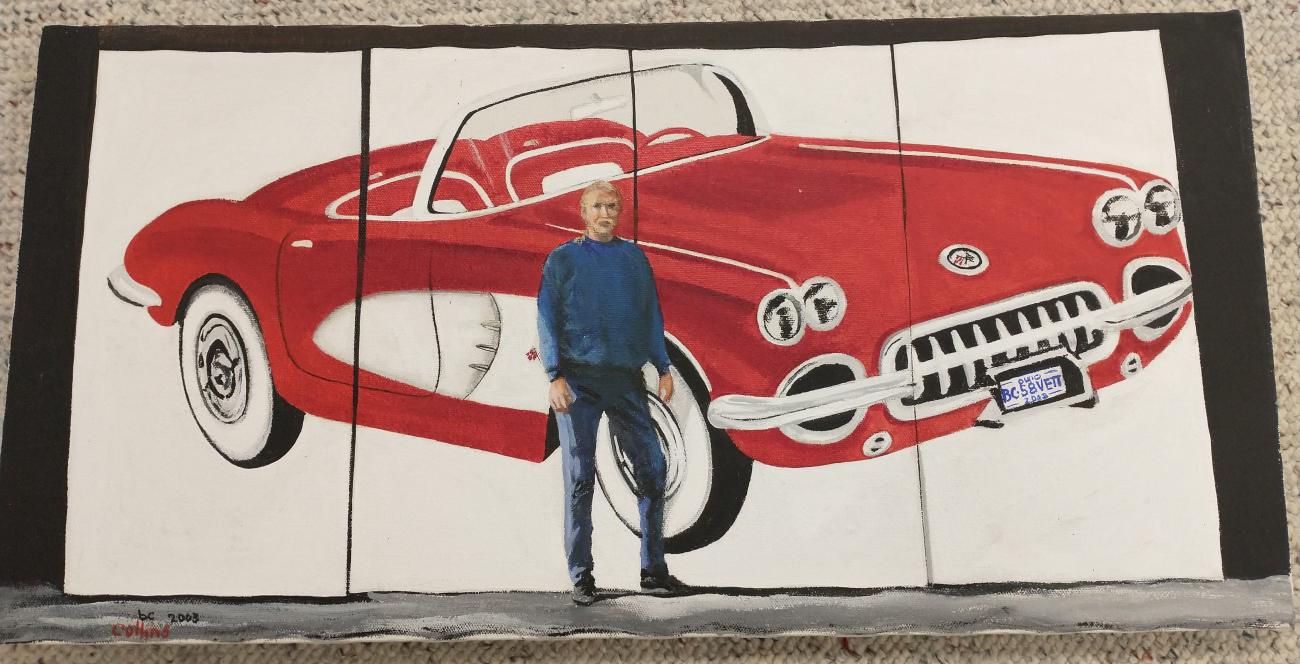 Self-Portrait by William (bc) (Bill) Collins with his Painting of a Red Corvette