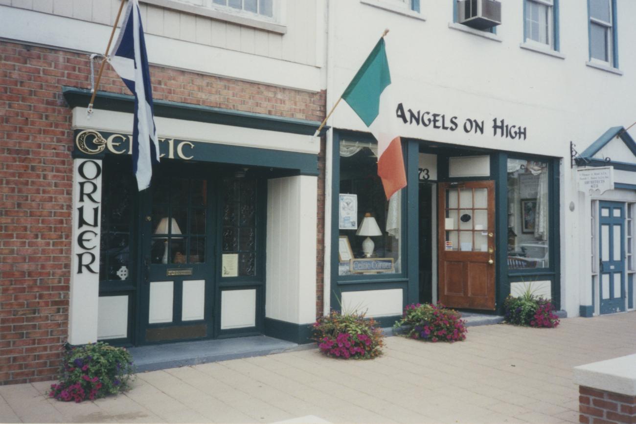 Storefronts and signs for Celtic Corner and Angels on High