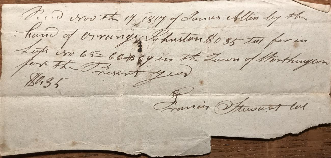 Tax Receipt for Orange Johnson from James Allen for Payment of $0.35 for Town Lots