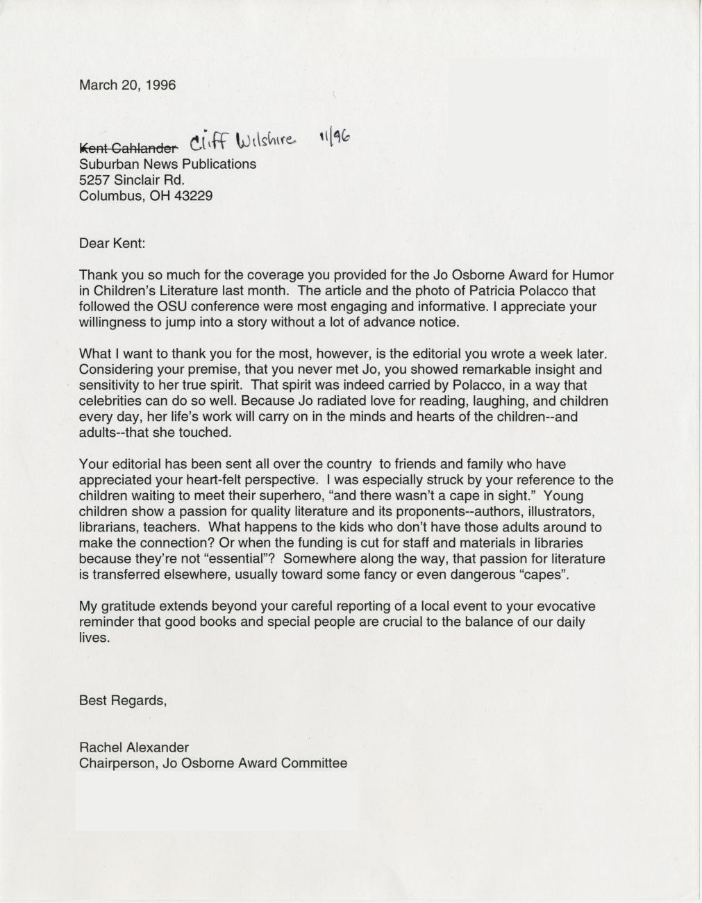 Thank You Letter from Rachel Alexander to Reporter Kent Cahlander