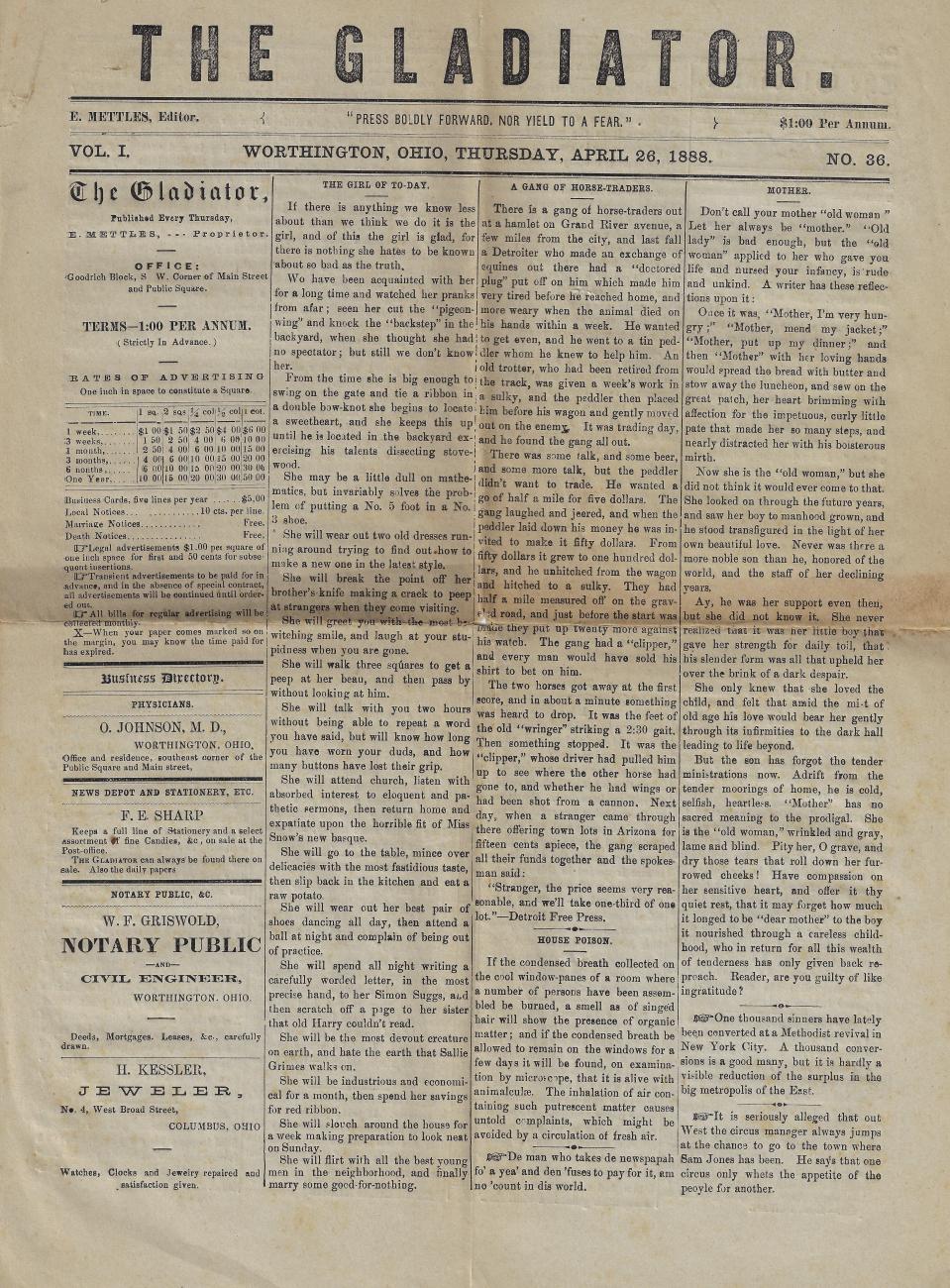 The Gladiator Newspaper from April 26th, 1888
