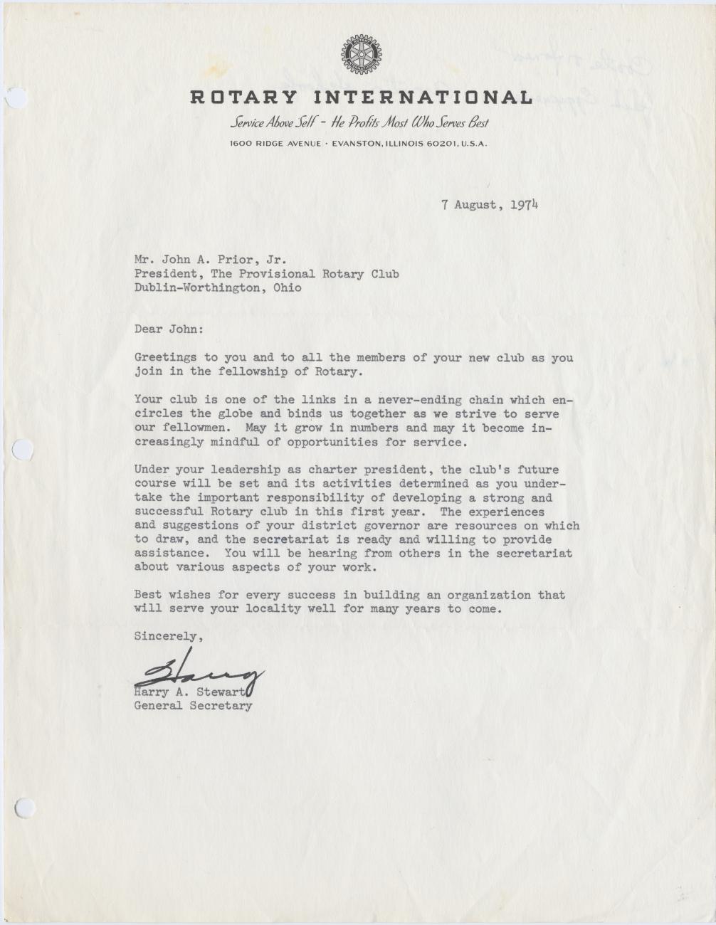 Welcome Letter for Dublin-Worthington Rotary Club