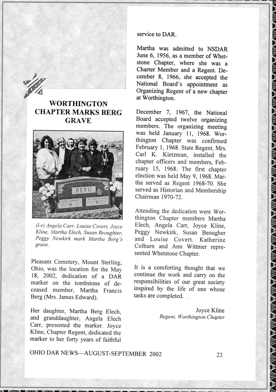 Worthington Chapter Marks Berg Grave