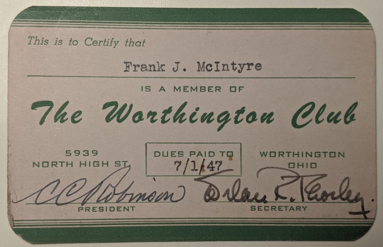 Worthington Club 1947 Membership Card