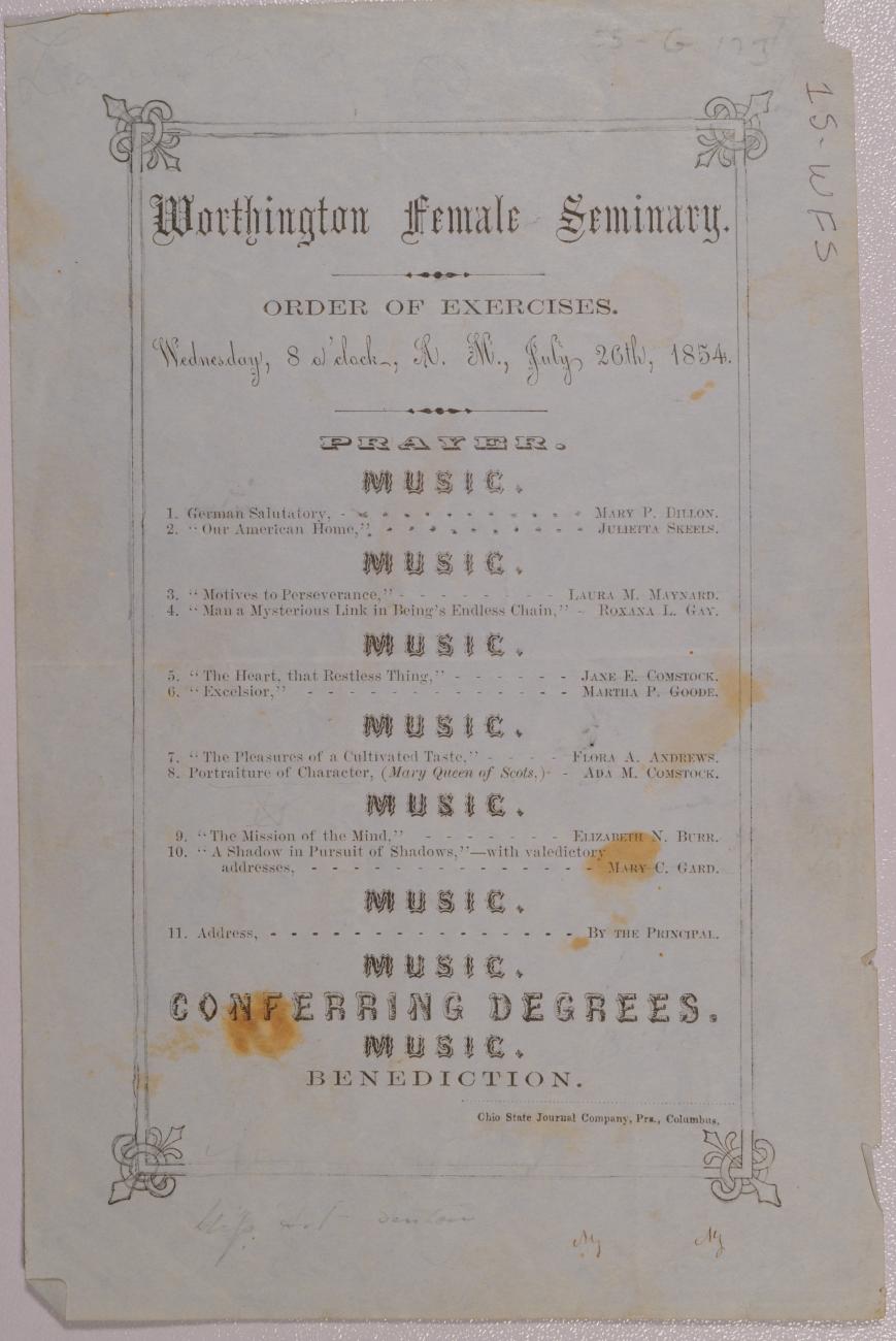 Worthington Female Seminary Commencement Exercises from 1854