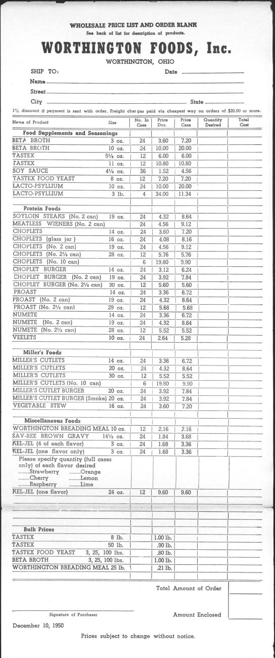 Worthington Foods Price List and Order Blank