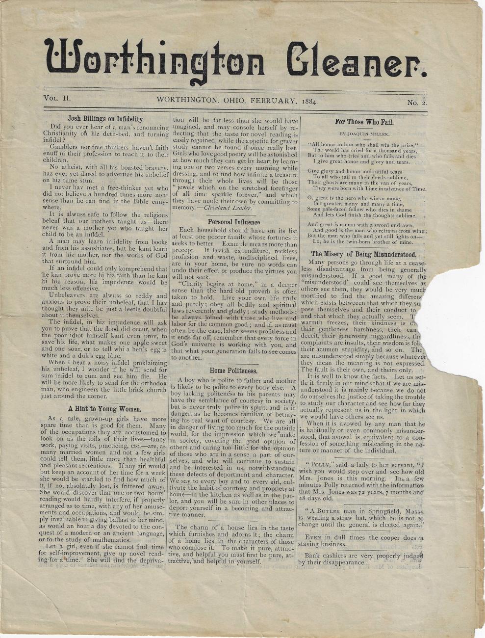 Worthington Gleaner, February 1884