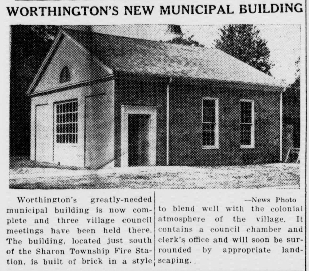 A black-and-white newspaper clipping with a headline above an image of a small brick building over a brief article