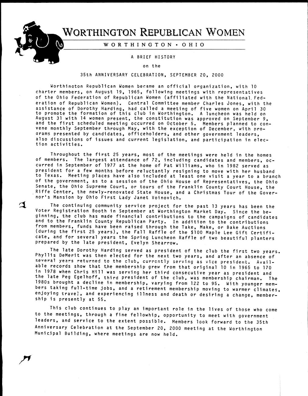 Worthington Republican Women: A Brief History on the 35th Anniversary Celebration, September 20, 2000