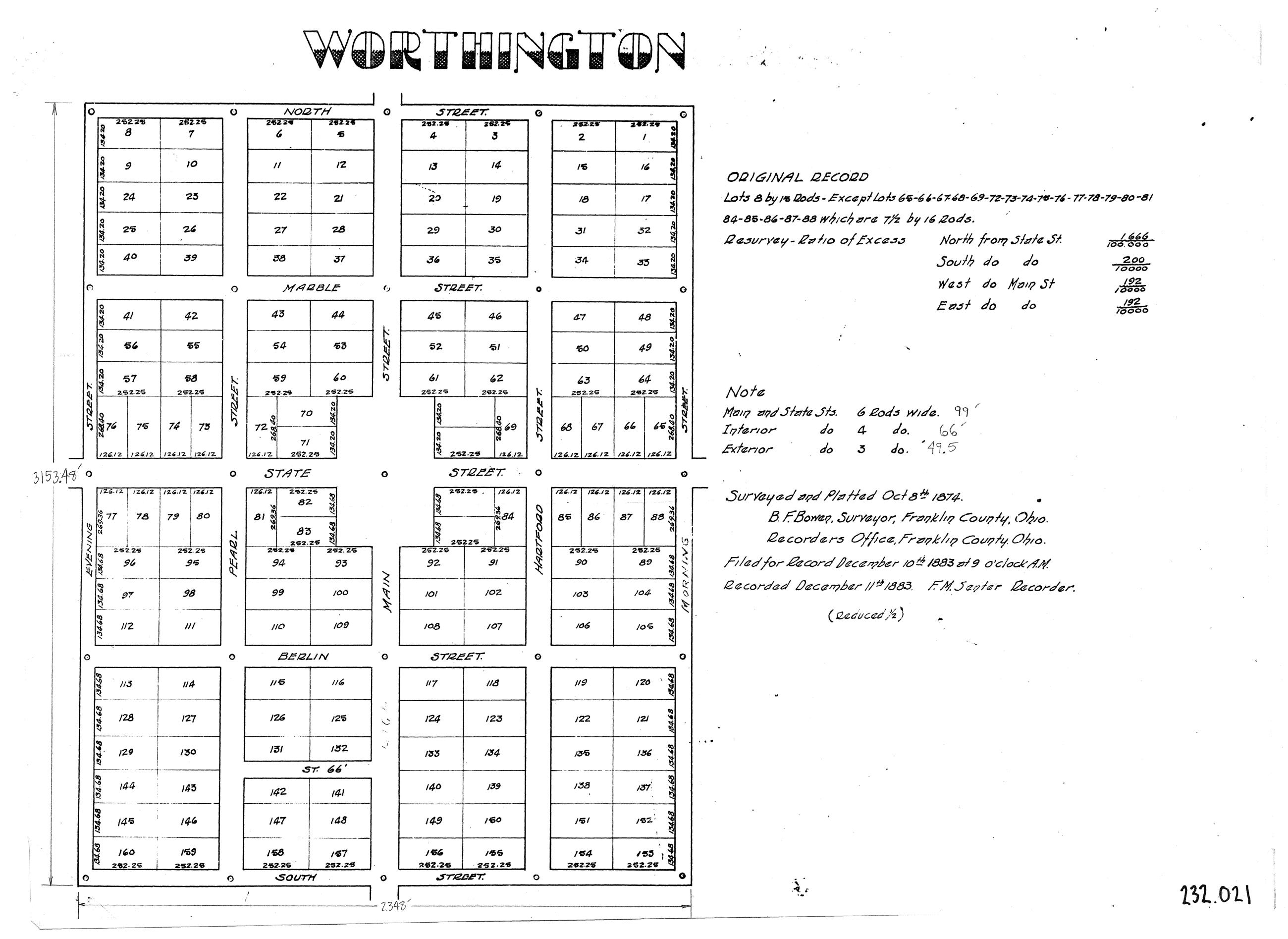 1874 Plat of Old Worthington
