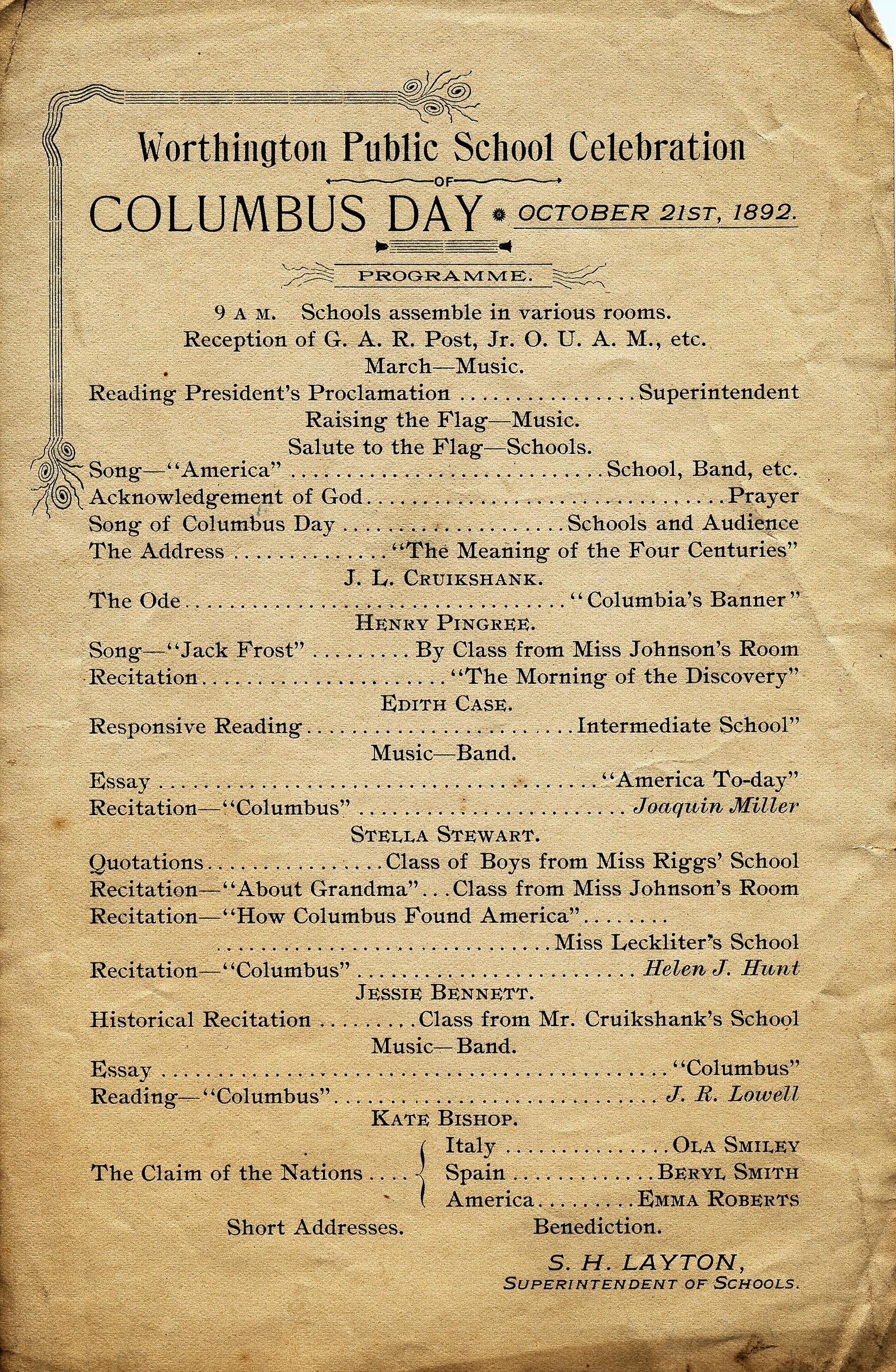 400th Anniversary of Columbus Day Program