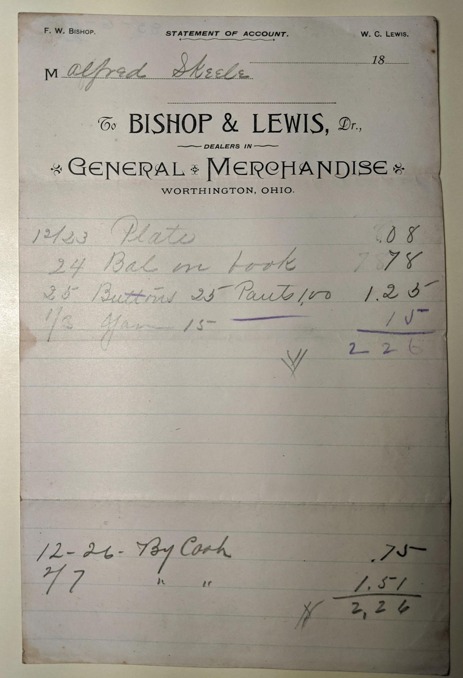 Account Statement for Bishop & Lewis Store