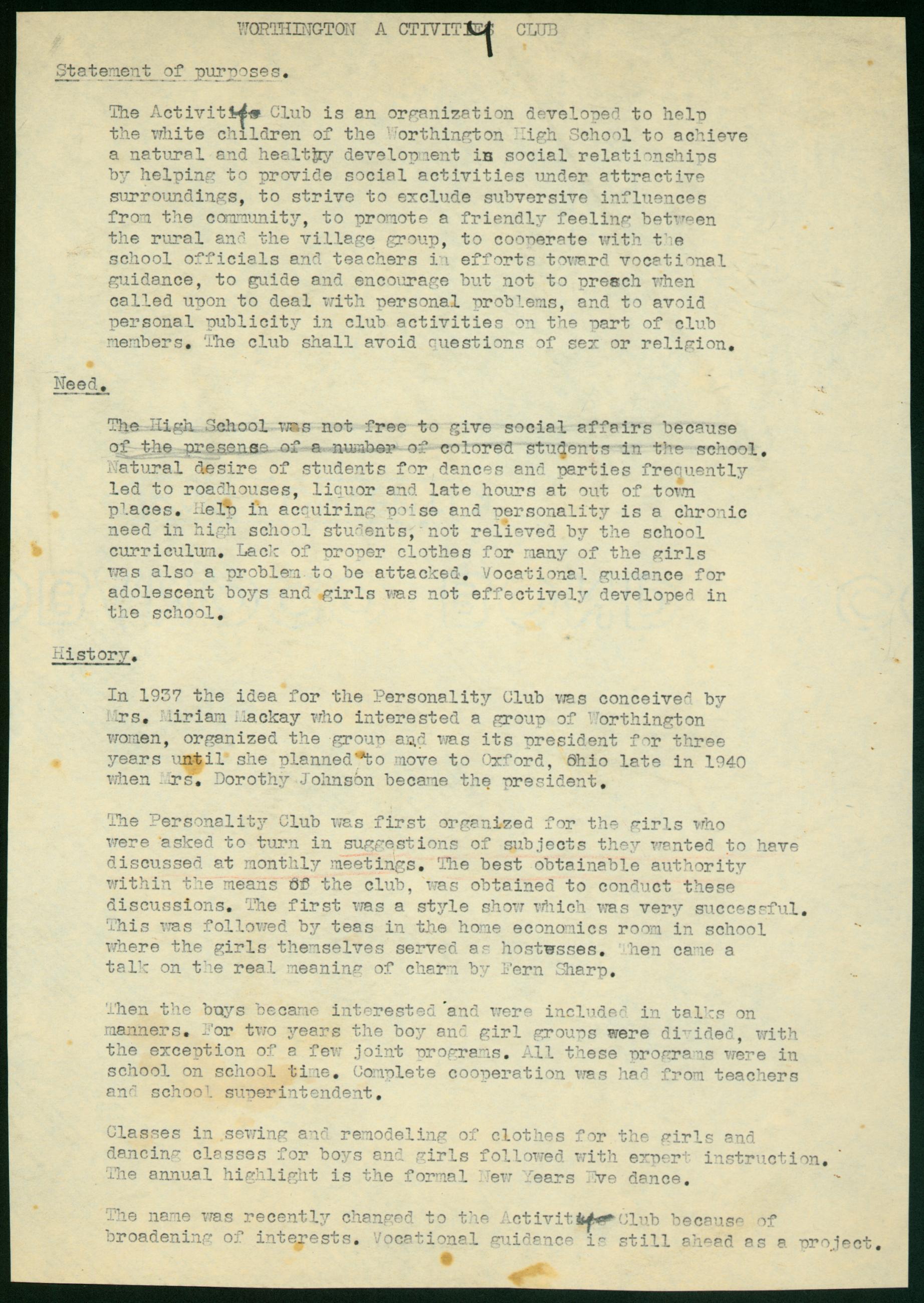 Activity Club Statement of Purpose and History