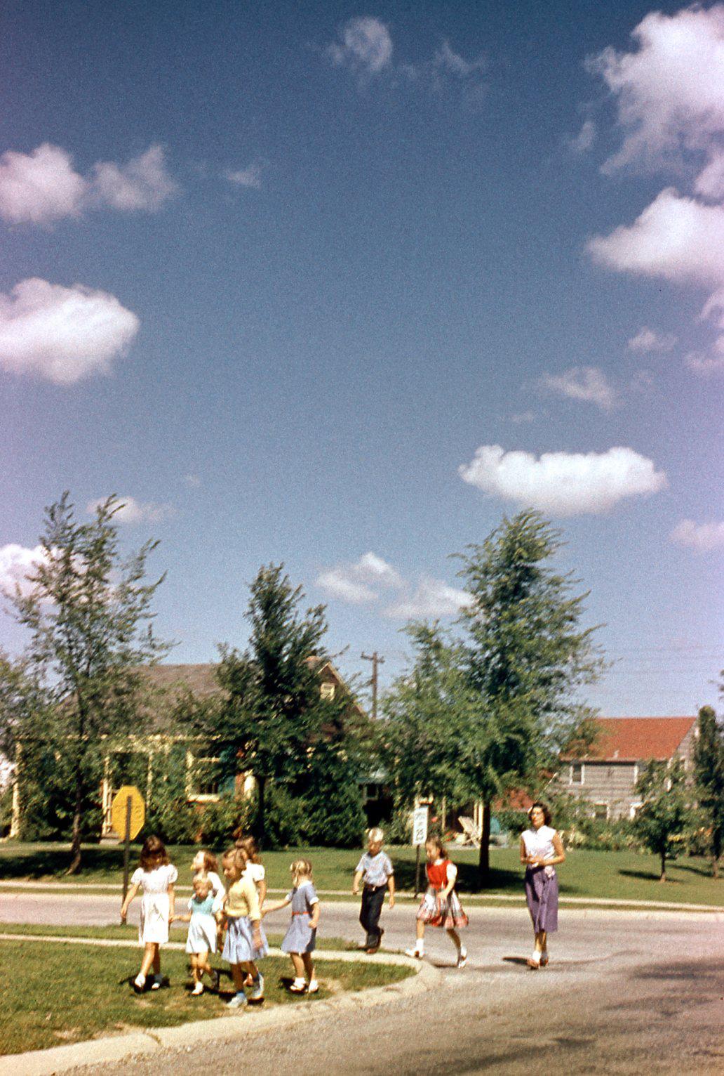An Adult and Group of Children at the Intersection of Kenbrook Drive and Andover Street, 1950s