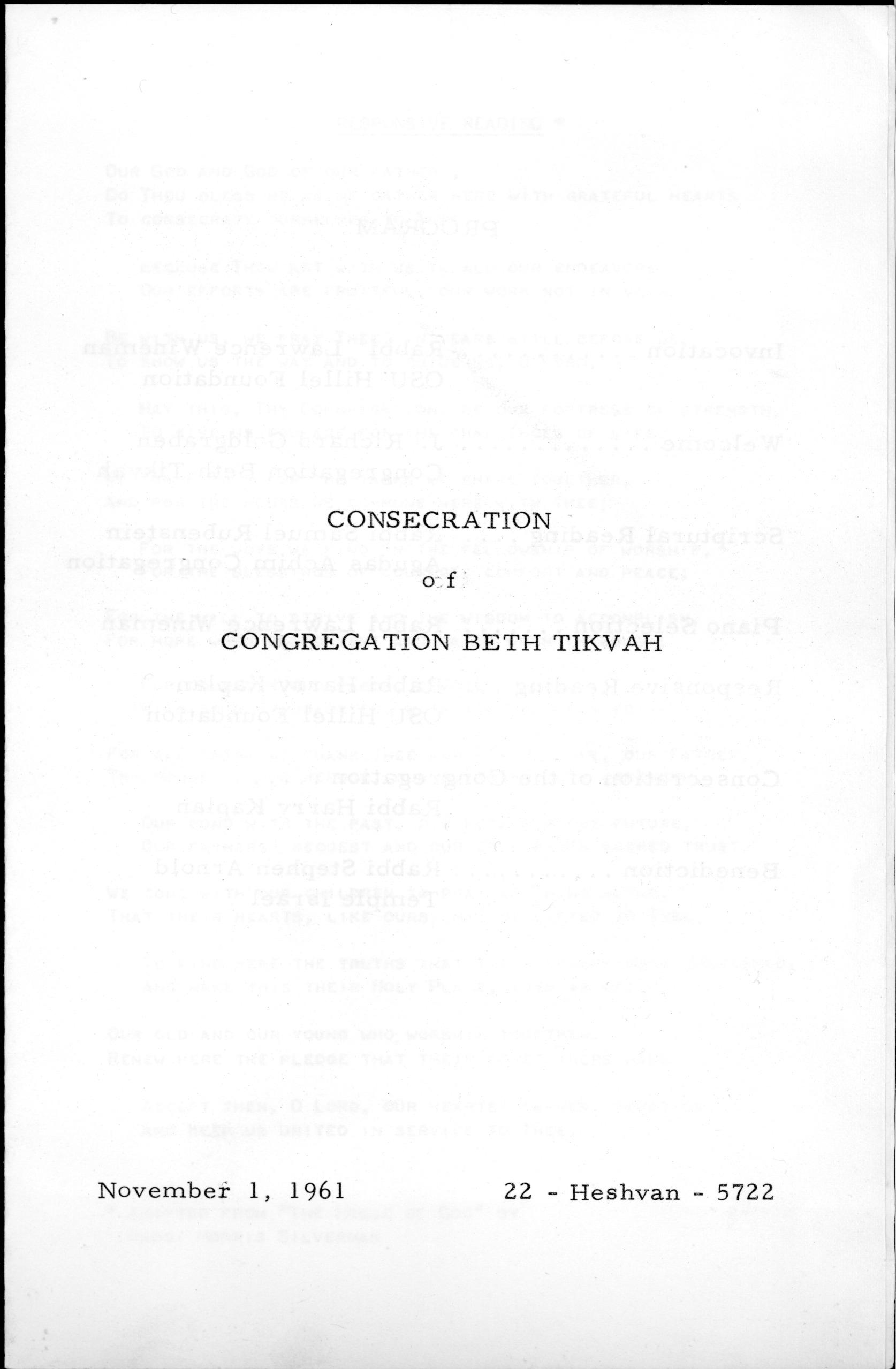 Consecration of Congregation Beth Tikvah