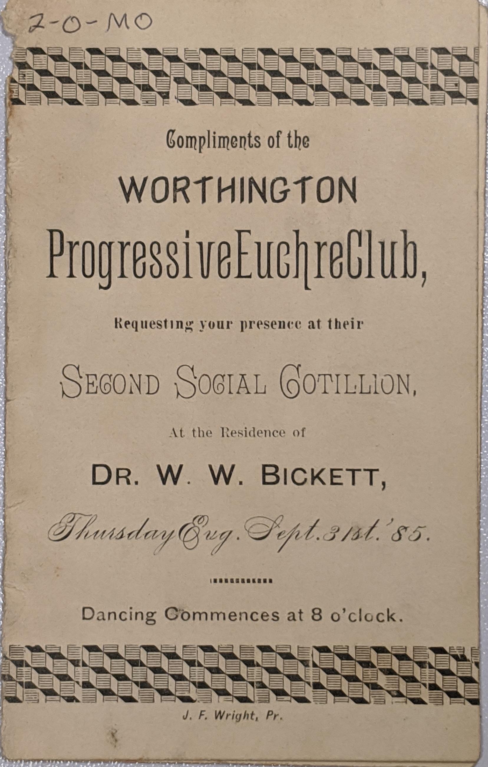 Dance Card for for Progressive Euchre Club Cotillion