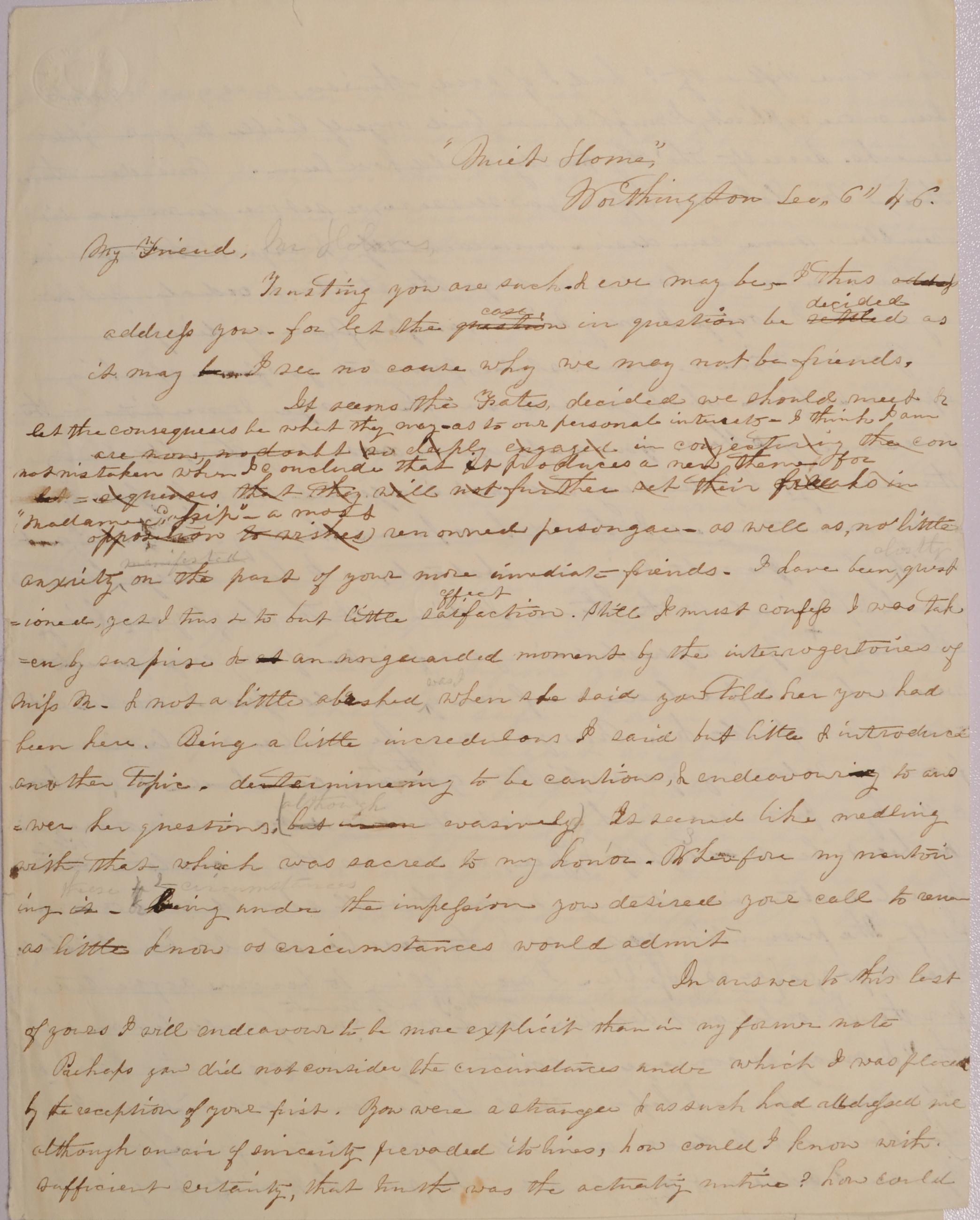 Draft of Letter to Leander Holmes from Mary Johnson of Worthington, Ohio,