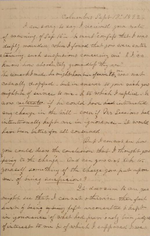 Draft of a Letter to an Unknown Friend Probably Written by Mary Johnson Sessions of Columbus, Ohio