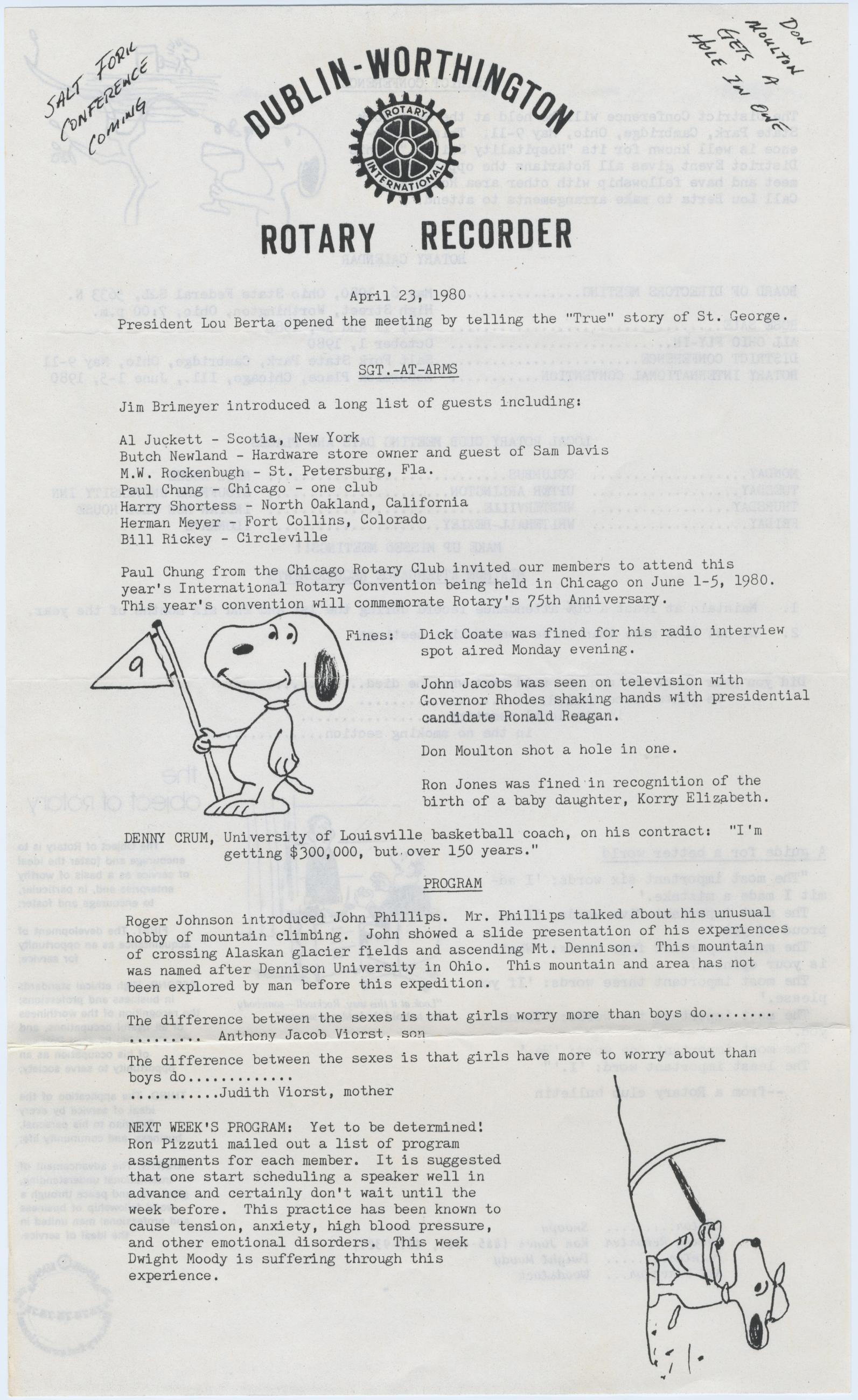 Dublin-Worthington Rotary Club Newsletter, April 1980