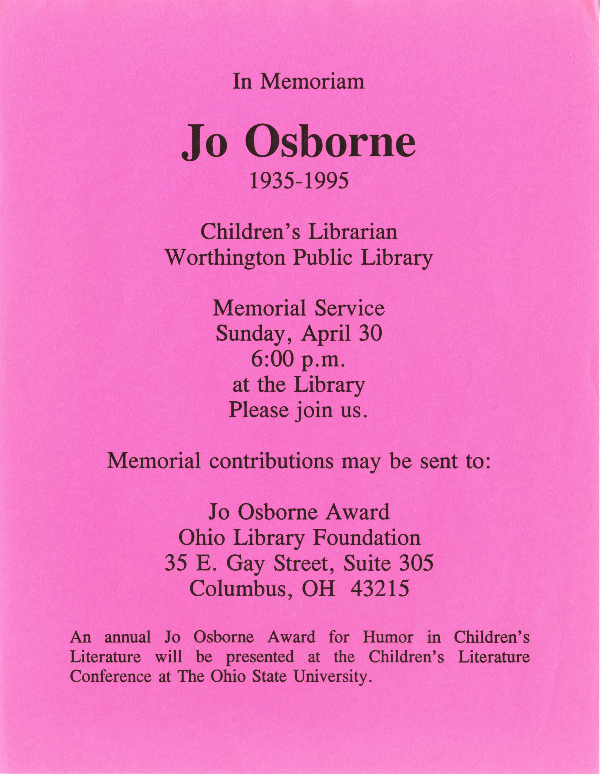 Flier for Memorial Service for Librarian Jo Osborne