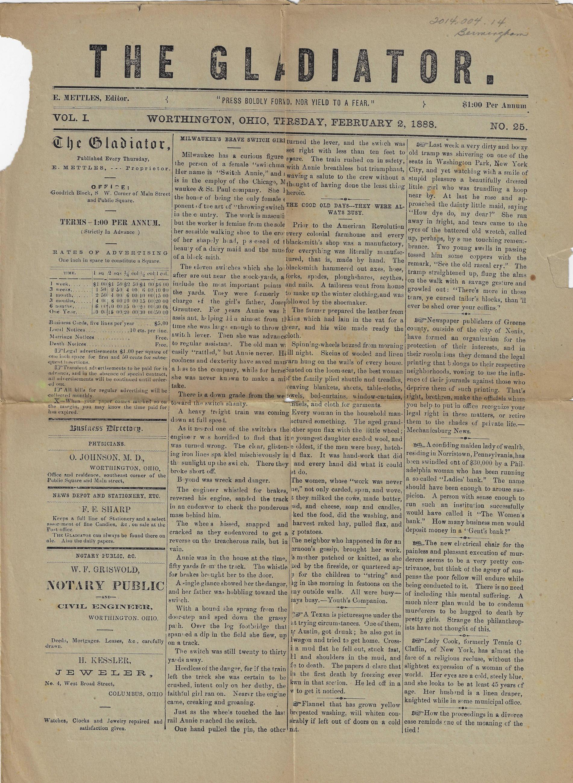 Gladiator Newspaper from February 2nd, 1888