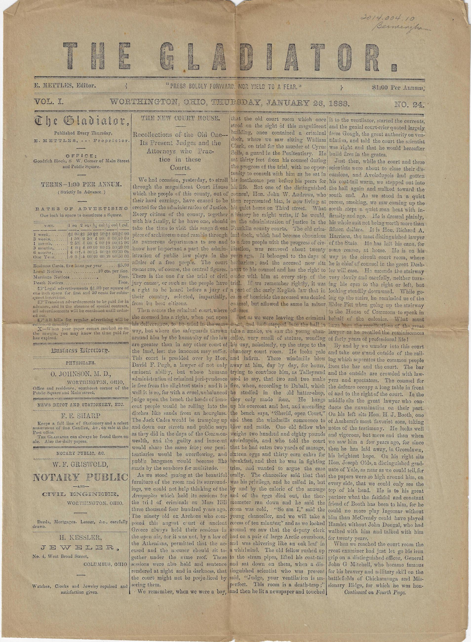 Gladiator Newspaper from January 26, 1888