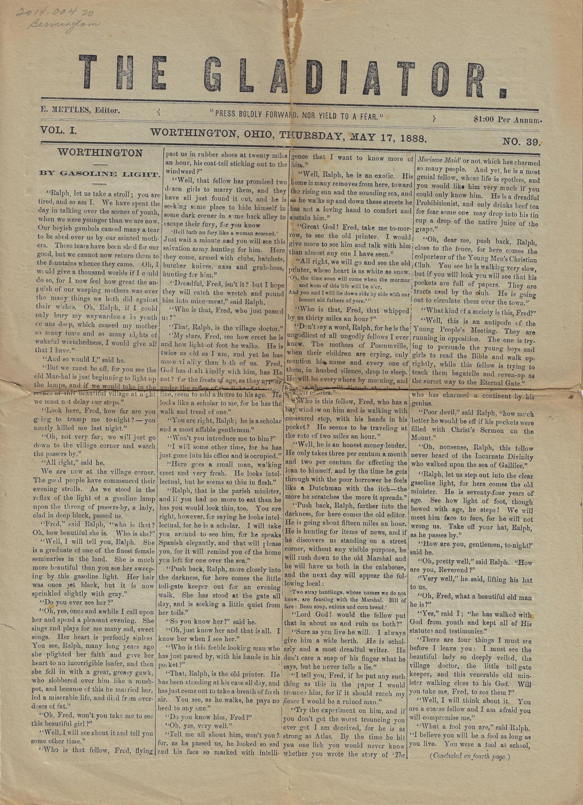 Gladiator Newspaper from May 17th, 1888