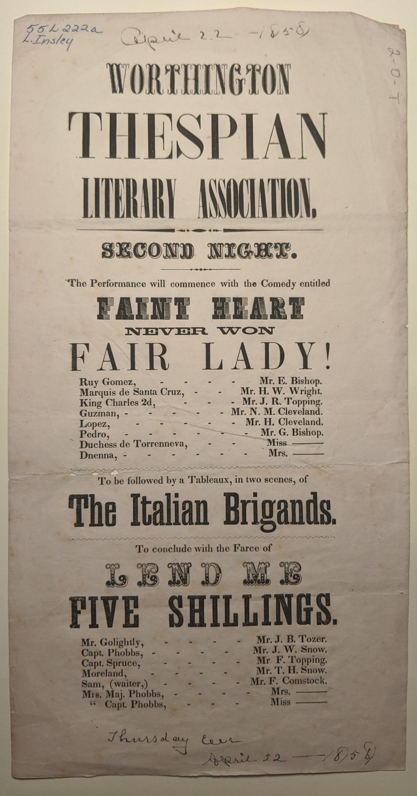 Handbill for Worthington Thespian Literary Association Program, 1858