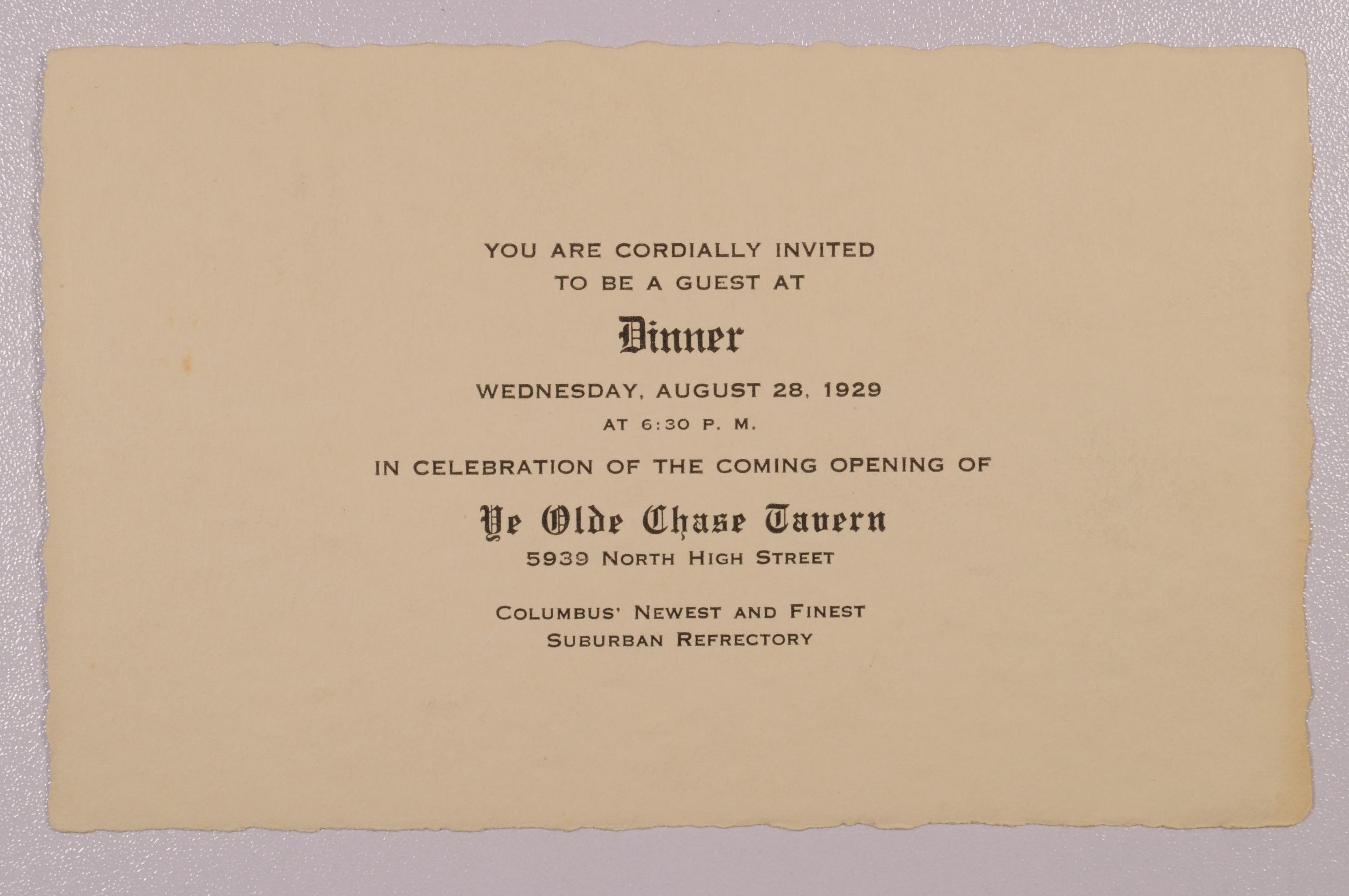 Invitation to Chase Tavern Opening