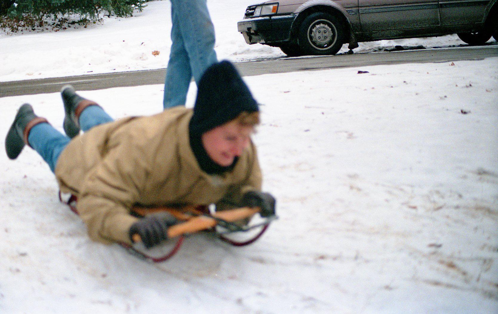 Leslie Fetzer Preparing to Sled Down "Devil's Hill" Sled Run