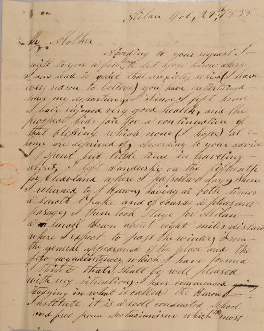 Letter Written to Achsa Johnson of Worthington, Ohio from William Johnson, Her Son, of Milan, Ohio