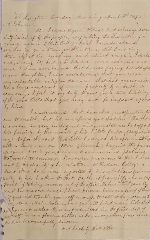 Letter Written to Orange Johnson of Worthington, Ohio from H.J.H. of Worthington