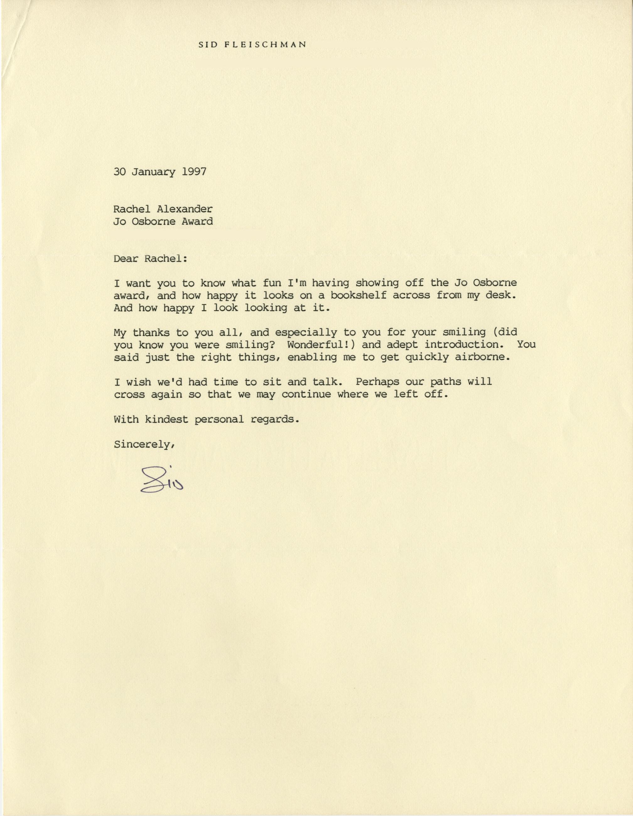 Letter from Author Sid Fleischman to Rachel Alexander