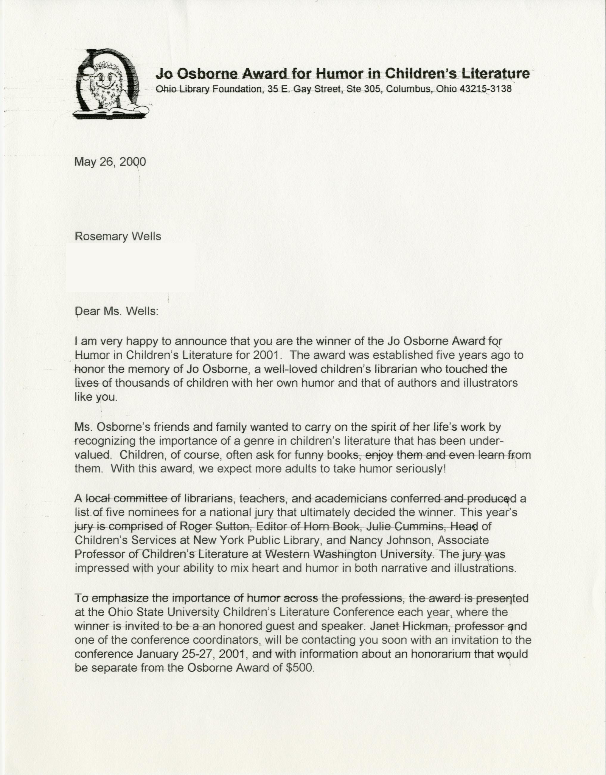 Letter from Rachel Alexander to Rosemary Wells Announcing Her Win of the Jo Osborne Award