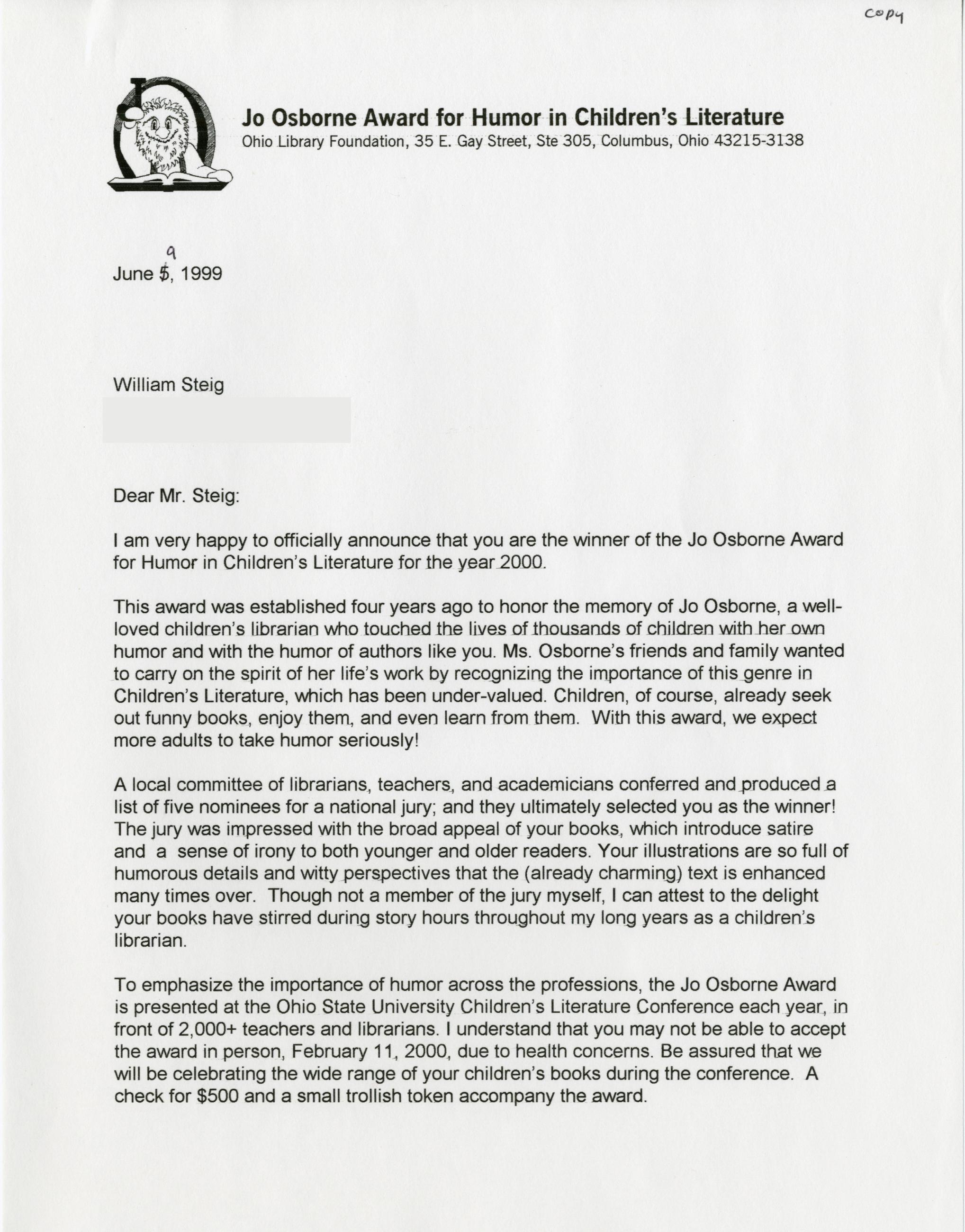 Letter from Rachel Alexander to William Steig Announcing His Win of the Jo Osborne Award