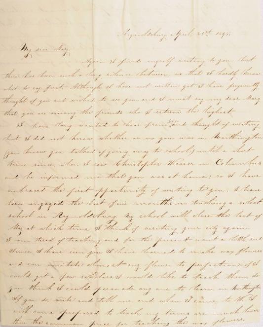 Letter to Mary Johnson, Worthington, Ohio from Damaris Solomon of Reynoldsburg, Ohio