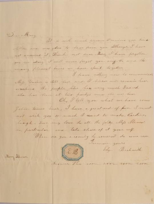 Letter to Mary Johnson and Caroline Griswold of Worthington, Ohio from Elizabeth Beckwith of Somerset, Ohio