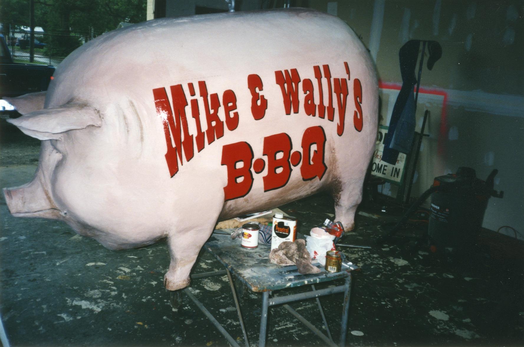 "Mike & Wally's" (Pig Iron) BBQ Pig Statue in the Garage Studio of its Creator, William (bc) (Bill) Collins
